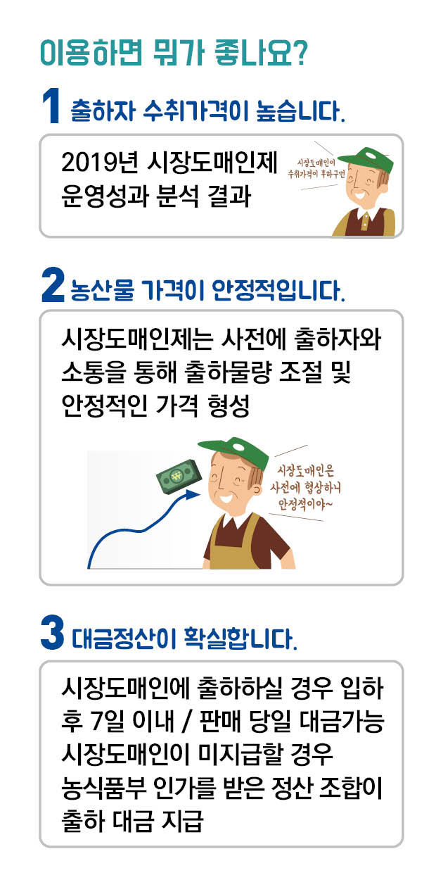 파일명: 시장도매인 모바일용(세로형)_9.jpg
이미지 설명: 시장도매인제 안내 정보 이미지.
[메인 문구] 이용하면 뭐가 좋나요?
[부제] 1. 출하자 수취가격이 높습니다.
2. 농산물 가격이 안정적입니다.
3. 대금정산이 확실합니다.
[설명 문구]
시장도매인제는 사전에 출하자와 소통을 통해 출하물량 조절 및 안정적인 가격 형성
시장도매인에 출하하실 경우 입하 후 7일 이내/판매 당일 대금가능
시장도매인이 미지급할 경우 농식품부 인가를 받은 정산 조합이 출하 대금 지급